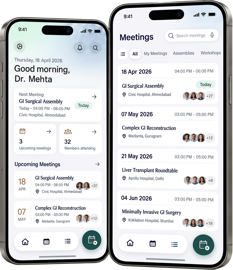 DOC.HORT app preview showing upcoming meetings and an RSVP list
