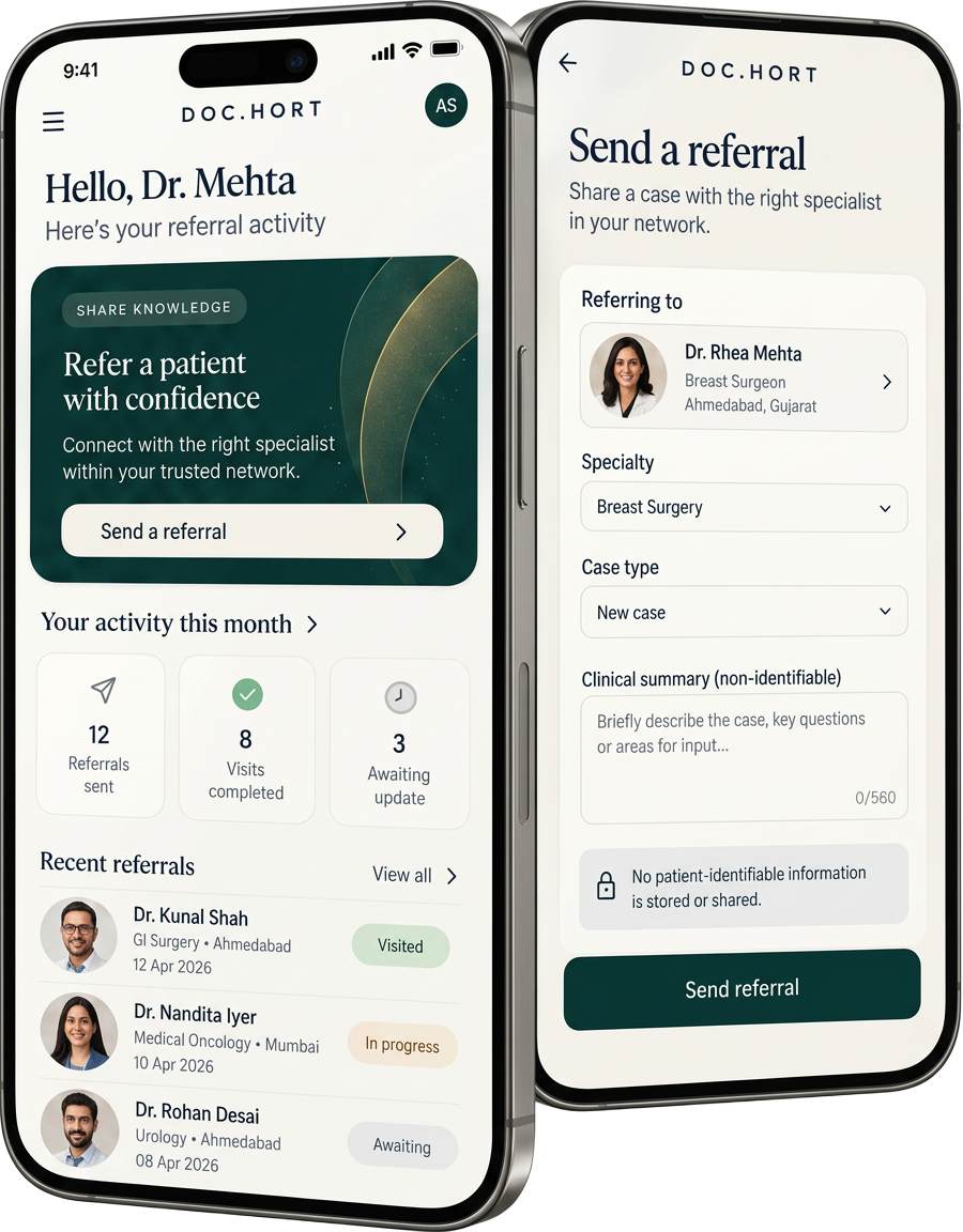 DOC.HORT app preview showing professional referral and visit screens